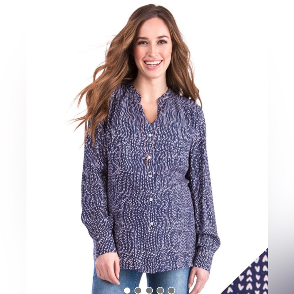 Seraphine maternity button down top, navy blue hearts